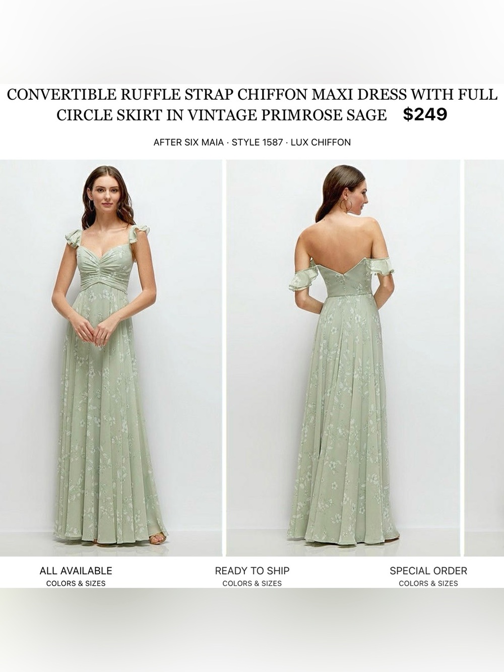 After Six Vintage Primrose Sage Convertible Ruffle-Strap Chiffon Maxi Dress